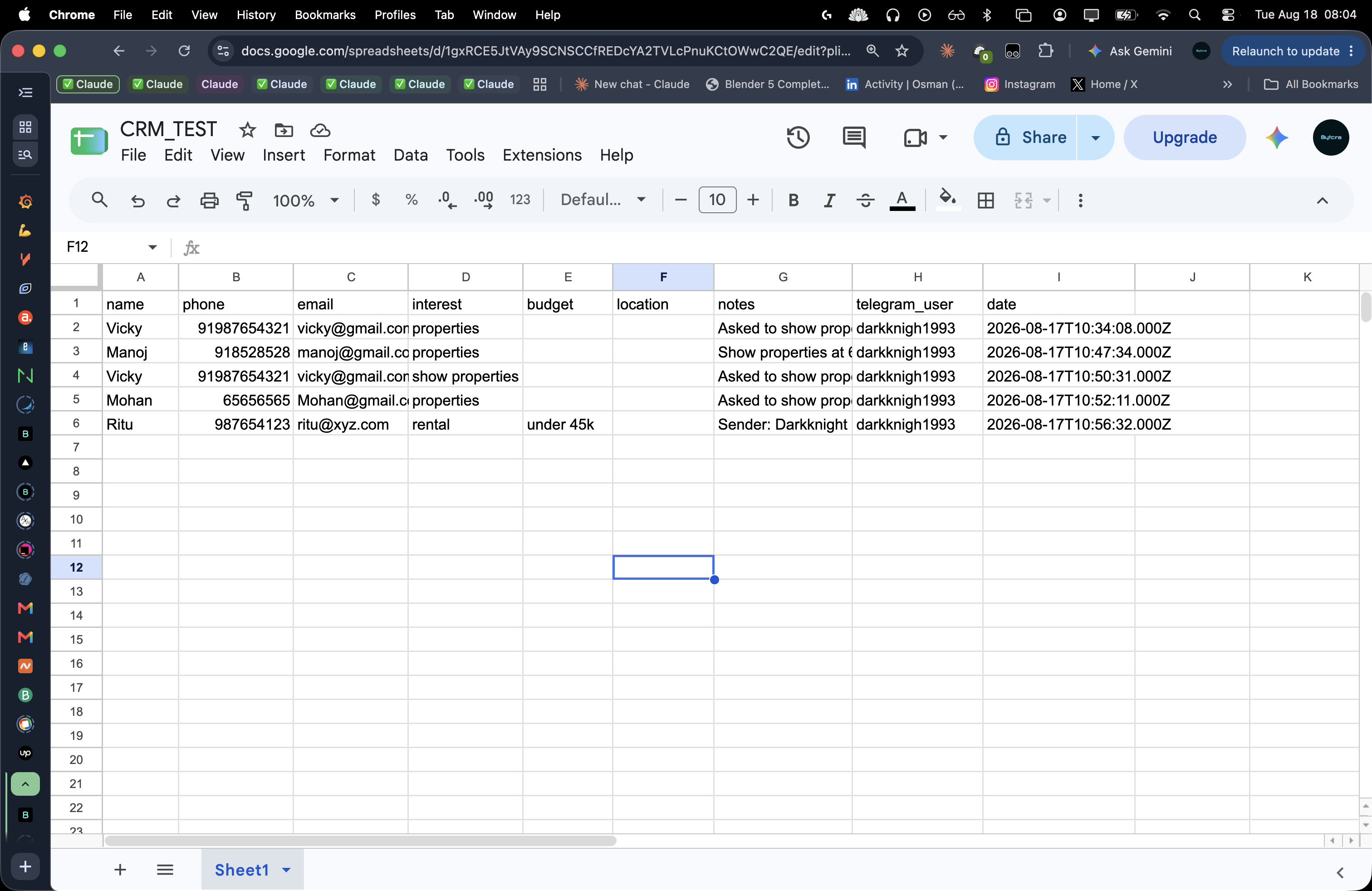 Google Sheet with lead rows: name, phone, email, interest, notes, date
