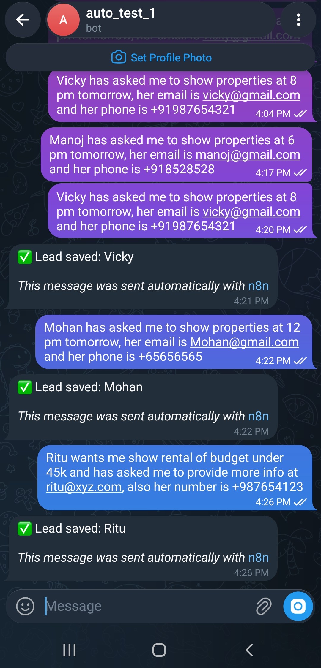 Telegram bot chat: lead message sent to the bot