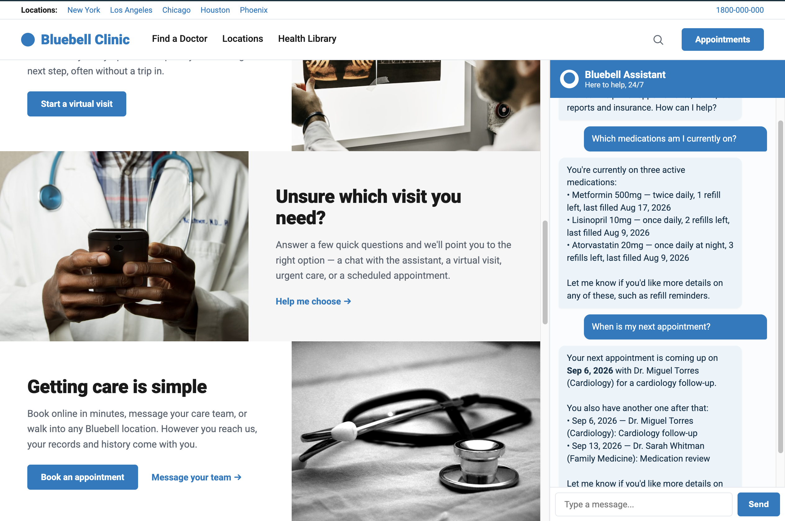 The Ask-Clinic assistant answering a patient's questions about their current medications and next appointment, alongside the clinic website