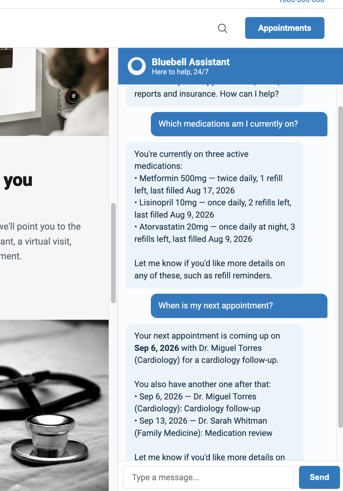 The Ask-Clinic assistant answering a patient's questions about their medications and next appointment