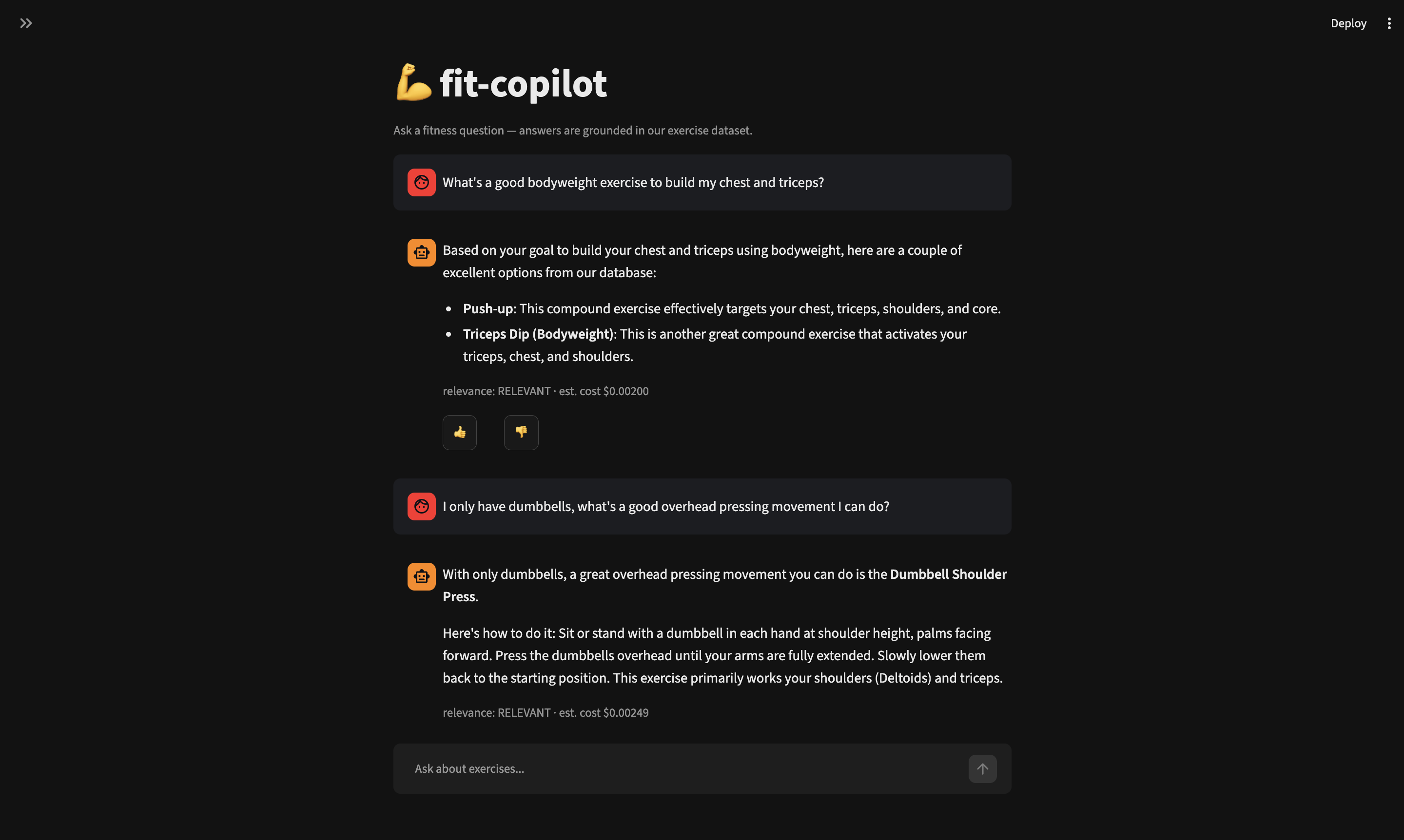 fit-copilot chat UI answering fitness questions with relevance verdict and estimated cost