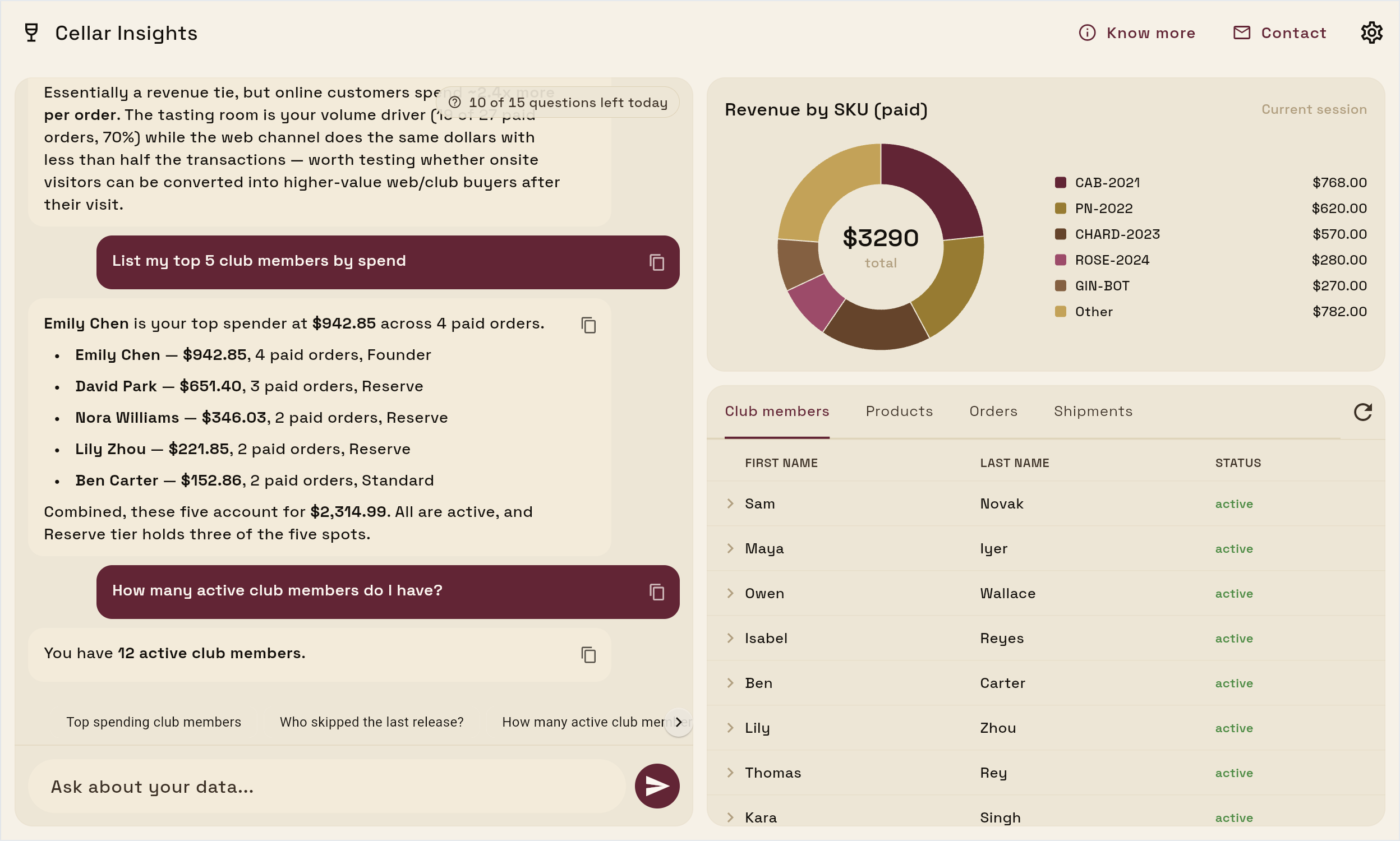 Ask-Winery - AI analyst answering a winery owner's questions about club, orders and shipments